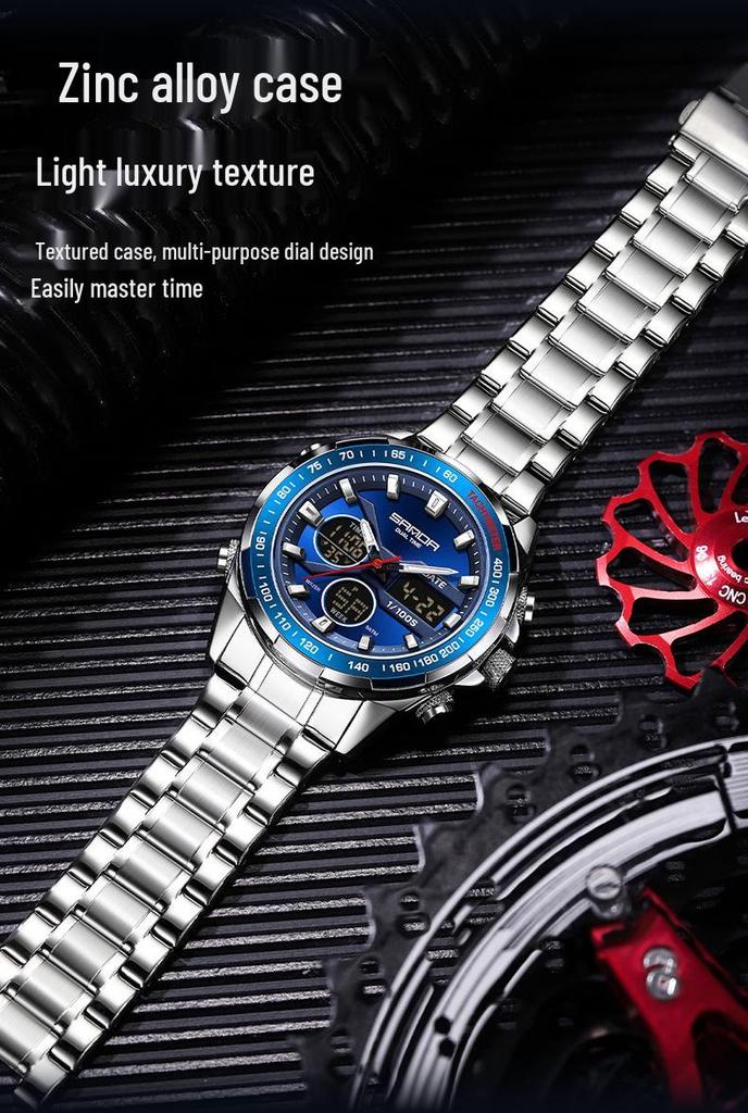 Sanda Men's Waterproof Dual Display Multi-Function Watch with Timer, Snooze, and Night Light.