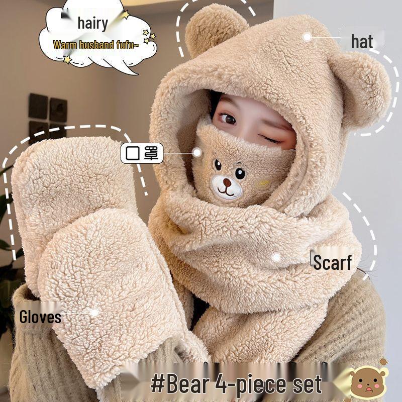 Korean-Style Cute Bear Plush Hat & Scarf Set for Women - Cozy Autumn/Winter Wear