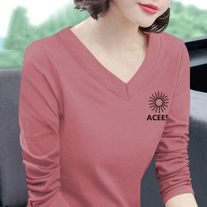 100% Pure Cotton V-Neck Long-Sleeve Women s T-Shirt - 2025 Spring/Autumn Korean Style Loose Fit Top M