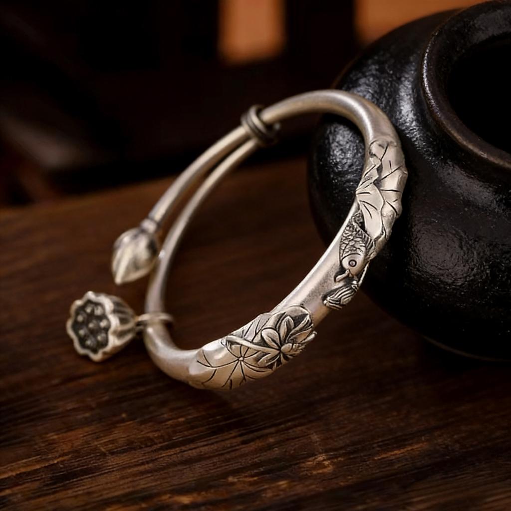 Retro Style Personality Carp Lotus Flower Lotus Leaf Lotus Canopy Pure Silver Retro Ethnic Style Adjustable Bracelet An Opening