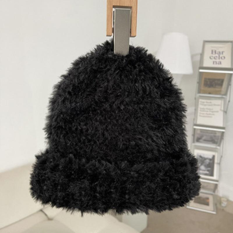 Korean White Plush Knitted Hat for Women In Autumn and Winter Fashionable Warm Imitation Fur Ear Protecting Hat