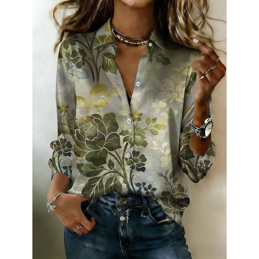 The lady's long-sleeved button-down shirt features a printed and delicate floral design, making it perfect for both romantic and casual styles.