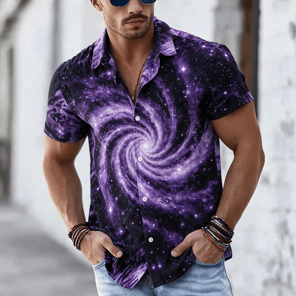 Men's Modern Tie Dye Spiral Print Short Sleeve Shirt, Casual Streetwear Button Up Shirt for Spring Summer