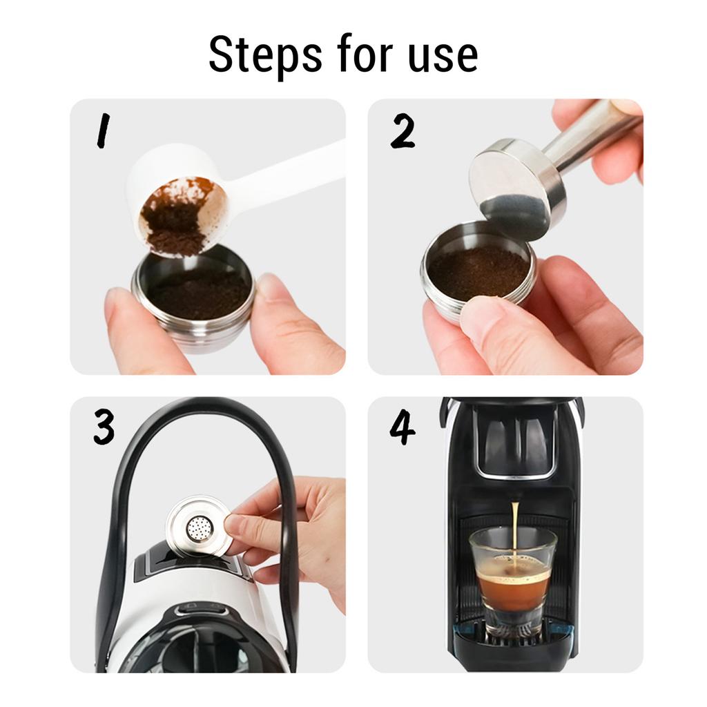Reusable Coffee Capsule 304 Stainless Steel Refillable Coffee Filter Pod with Tamper Brush and Spoon for Coffee Makers