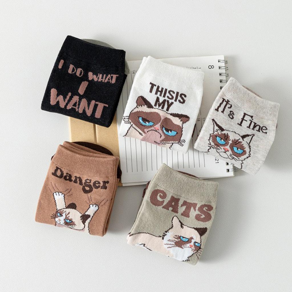 5 Pairs Creative Cute Cartoon Cat Pattern Comfy BreathableAnkle Short Women Socks Suit In Spring Summer For Daily