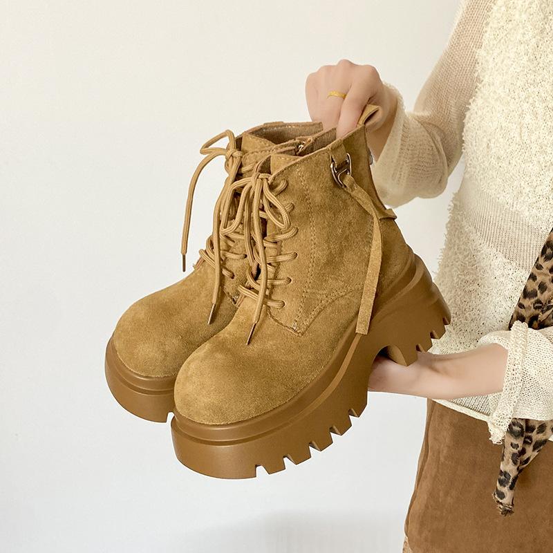 

Women s shoes autumn thick-soled heightening Martin boots purchase retro versatile and thin short women s shoes 35 хаки
