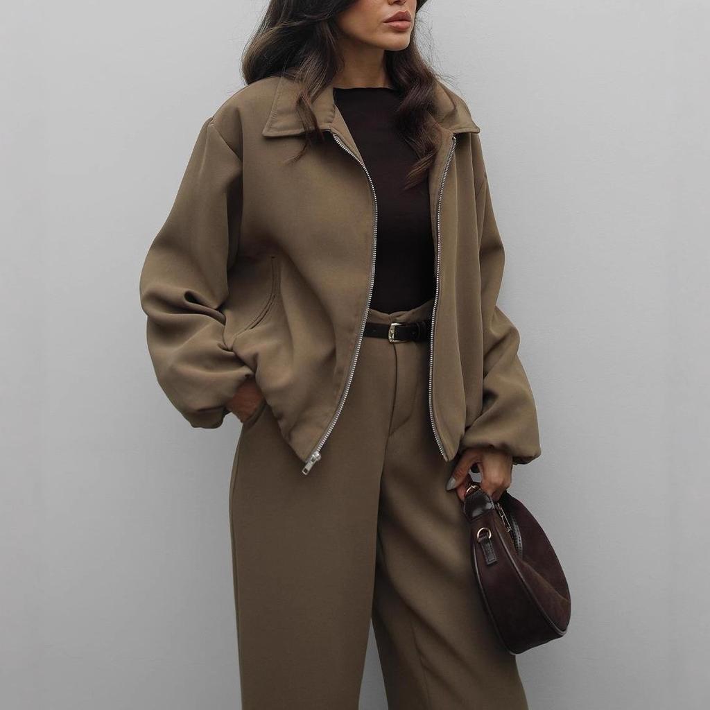 2025 Cross-border European and American Women's Clothing Amazon V-neck Long-sleeved Lapel Zipper Casual Pants Straight Versatile Set