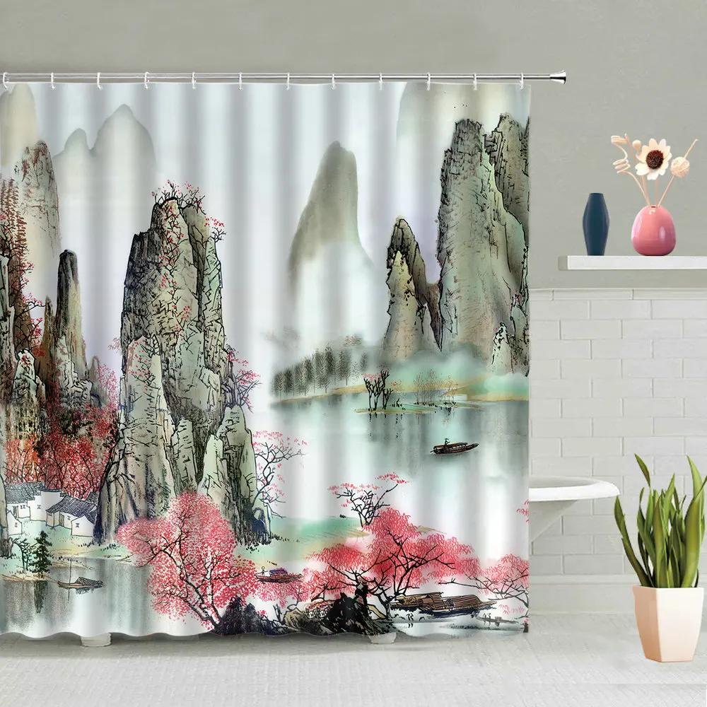 

Chinese Style Ink Painting Shower Curtain Landscape Flower Tree Plant Boat Plum Living Room Background Wall Bathroom Screen Hook W60H190(CM)-1 Pcs