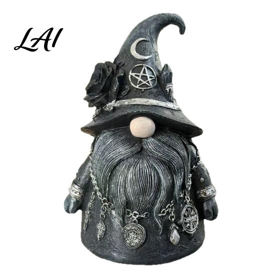 Faceless Gnome Statue Wizard Hat Figurine Mystical Home Decor with Crescent Pentagram Black Rose Mysterious Atmosphere Rune Pendant Vintage Desktop