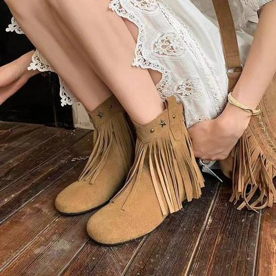 Stivali alla moda da donna con frange a V Autunno Inverno 2024 Nuova Moda Stivaletti Corti da Donna con Punta Tonda e Tacco Basso