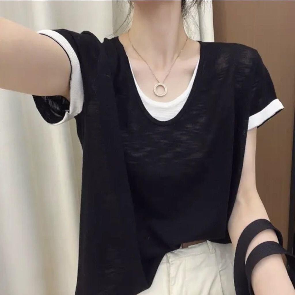 Loose and Slimming Contrasting Color Fake Two-piece Thin Ice Silk Short-sleeved T-shirt for Women To Cover Belly Plus Size Top