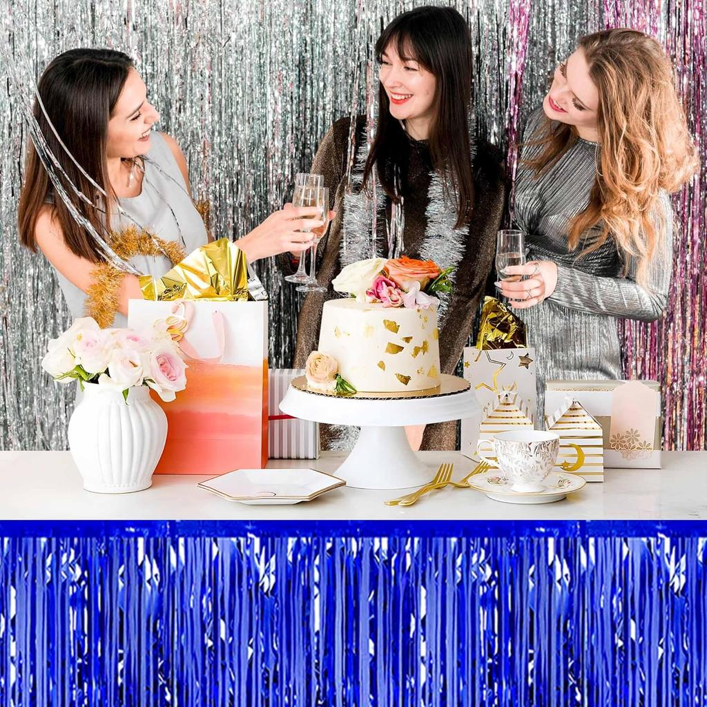 3 Pack 29 x108 Inch Blue Foil Fringe Table Skirts Metallic Banner for Tel Streamer Garland Backdrop for Parade Floats Mother's Day, Graduate,