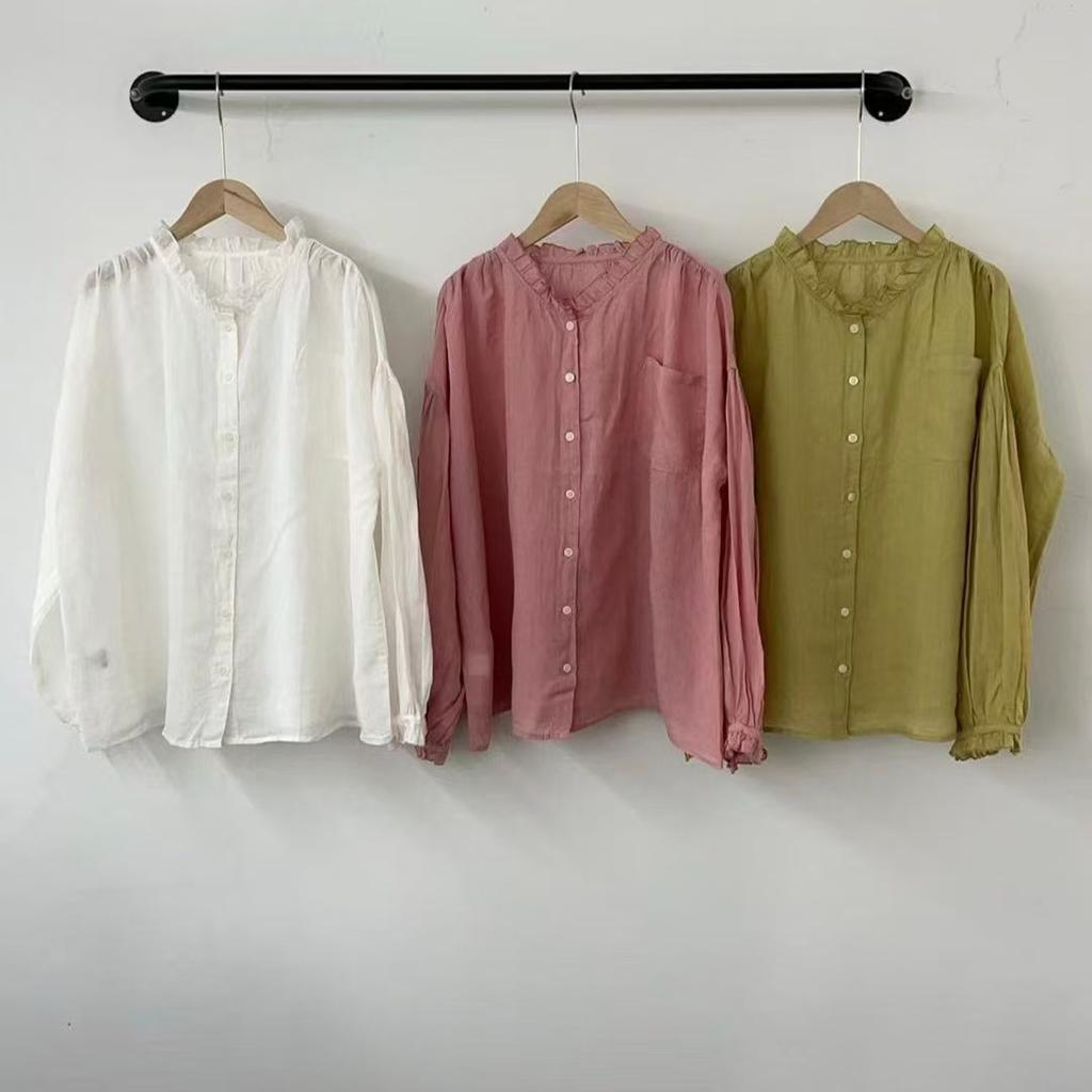 1116 Spring New Women's Crew Neck Japanese Cotton and Linen Shirt Loose Shirt Top Ins Retro
