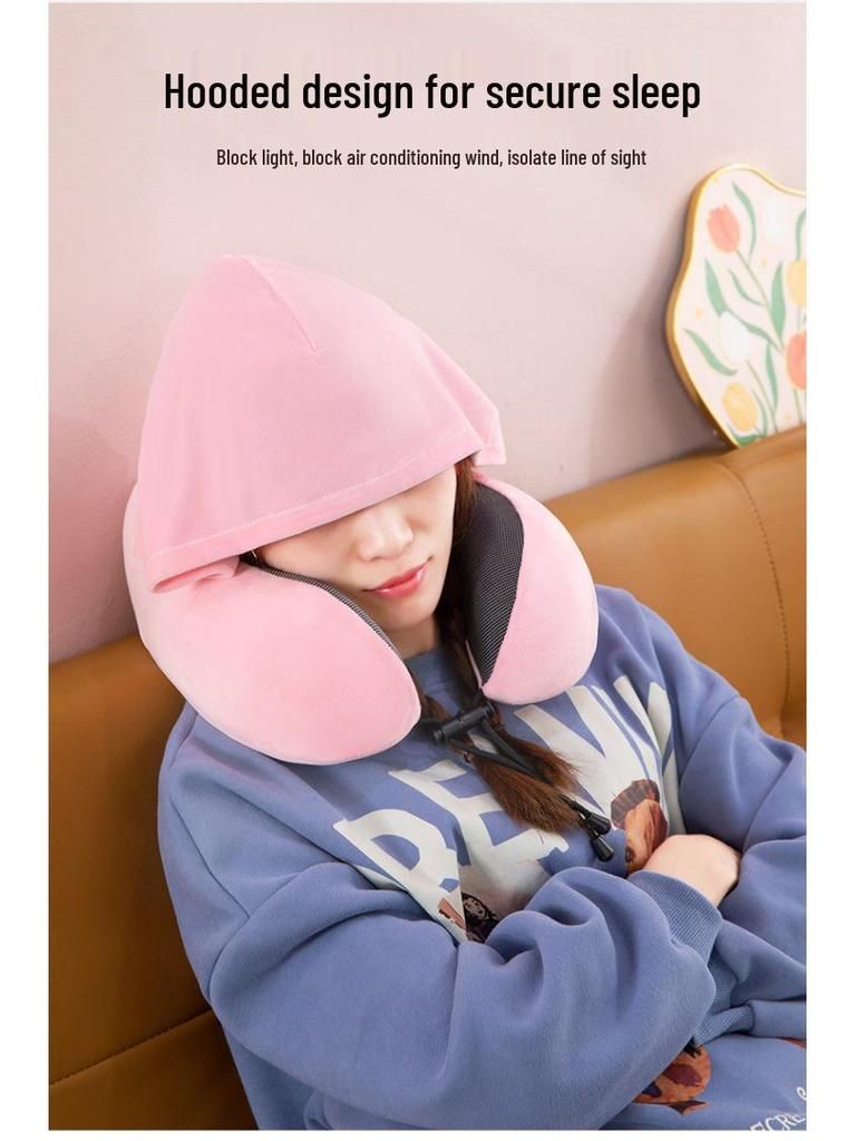 Memory Foam U-Shaped Neck Pillow with Hood - Portable Travel Pillow for Airplane and Outdoor Use
