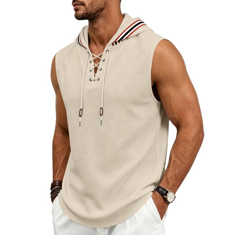 Mens Trendy Loose Drawstring Hooded Sleeveless Waffle Sports Vest S