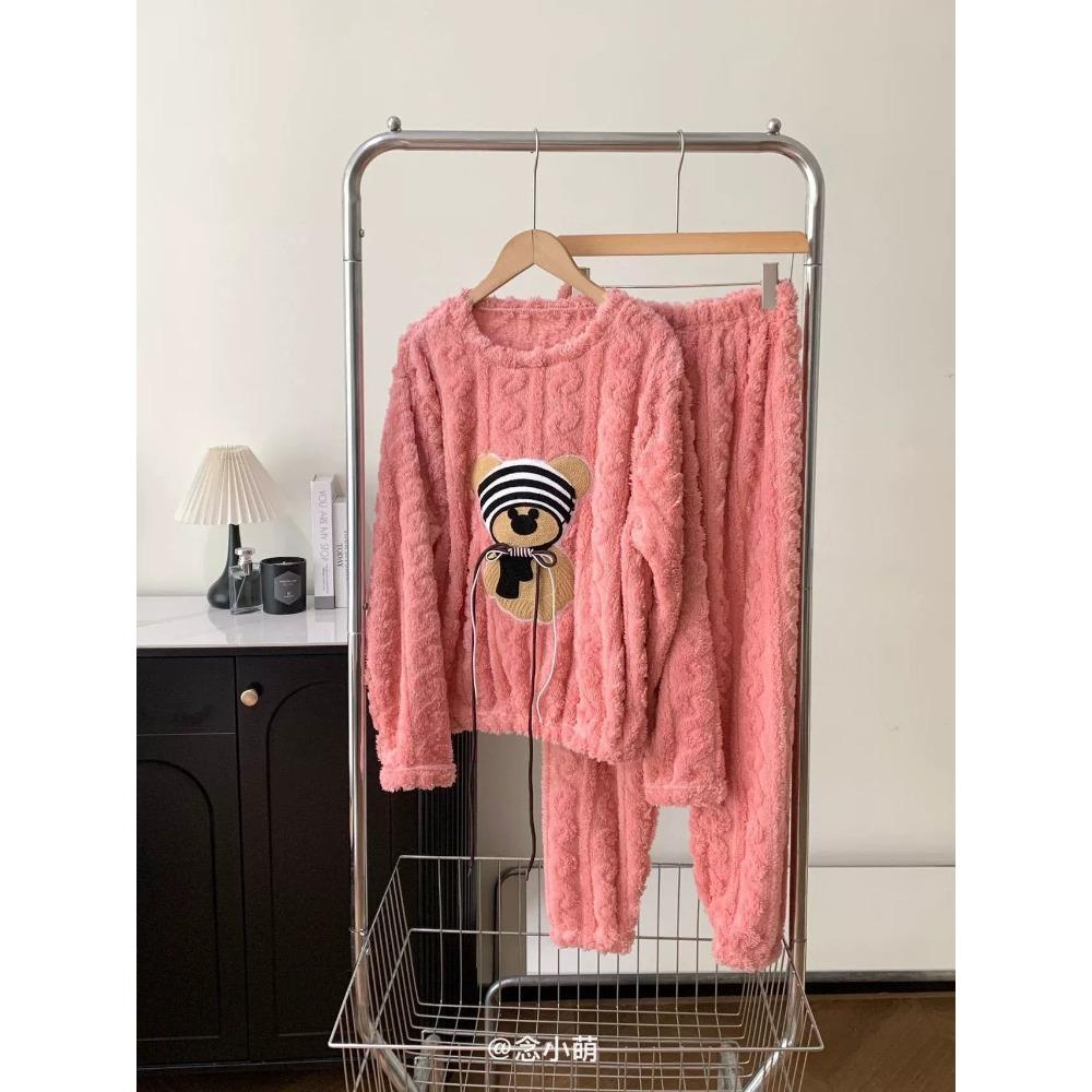 **Kadın Flanel Pijama Takımı Yuvarlak Yaka Jakarlı Uzun Peluş Kalın Sıcak Ev Giyimi**