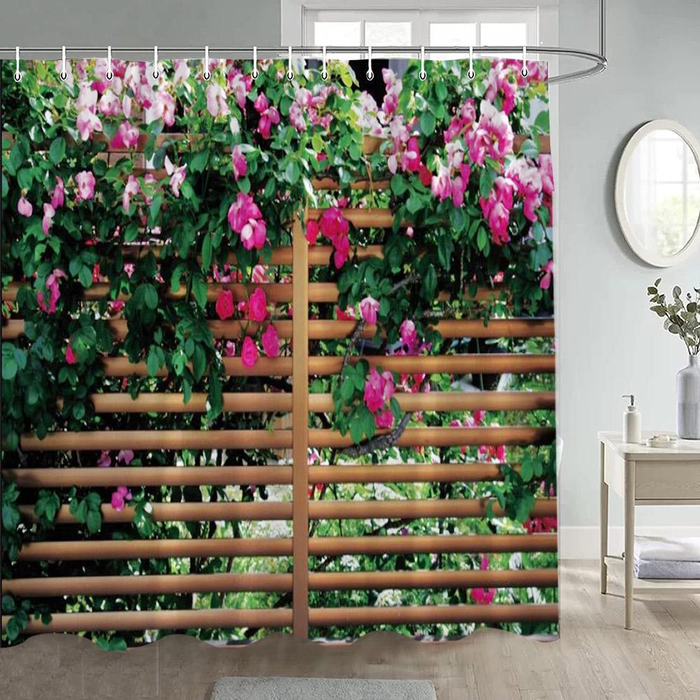 Rustic Landscape Shower Curtain Forest Waterfall Chinese Moon Door Flowers Plant Nature Scenery Polyester Bathroom Curtain Decor