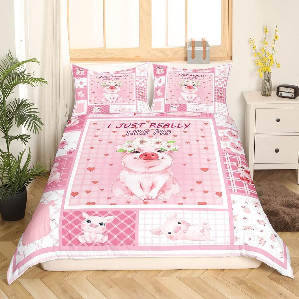 Cartoon Pink Pig Bedding Three-Piece Quilt Cover