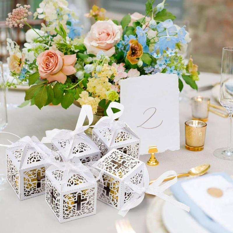White Crosses Embellished Party Favors Boxes White Paper Treat Boxes with Hollow Crosses for Wedding and Christmas Gifts