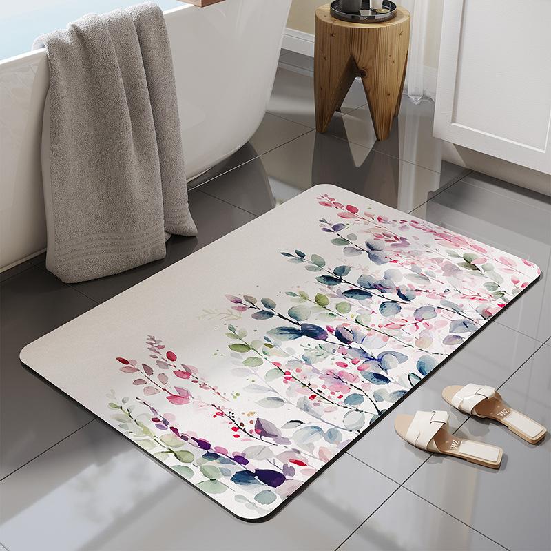 Bathroom Absorbent Floor Mat, Non Slip Floor Mat for Bathroom, Quick Drying Door Mat for Bathroom, Square, Plant Printed Carpet