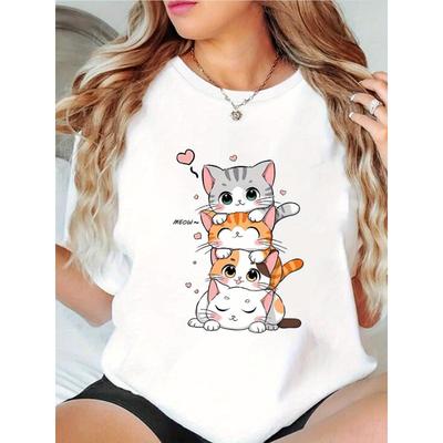 Europäische Größen Damen Niedliches Cartoon-Katzen-Grafik-T-Shirt - Weiches, dehnbares Kurzarm-T-Shirt mit verspieltem Kätzchen-Design