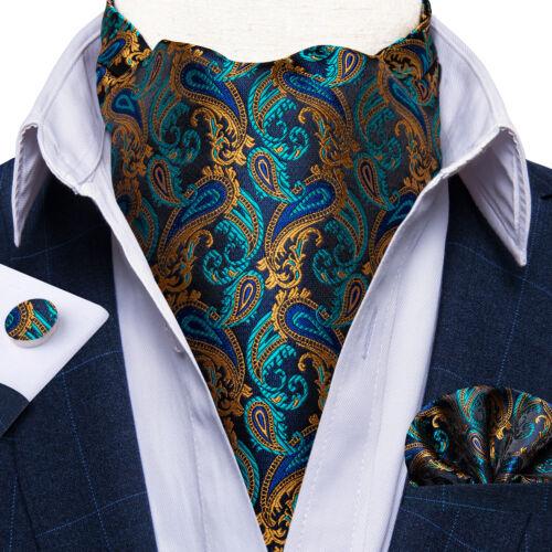 Mens Ascot Silk Cravat Blue Paisley Tie Handkerchief Cufflinks Set Formal Party