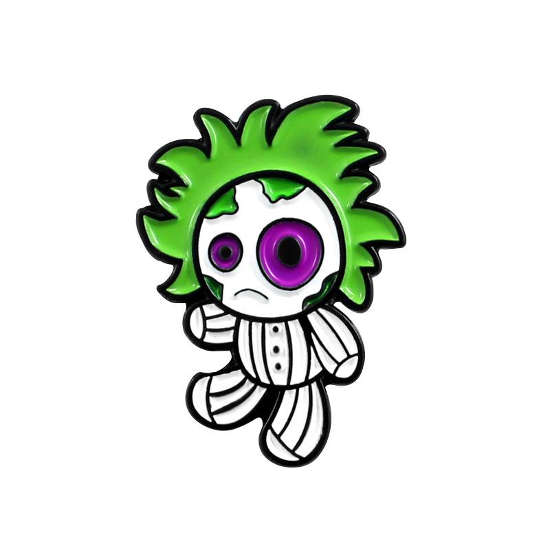 Trendy Halloween Doll Badge: Black-Eyed Puppet with Purple Coffin Brooch