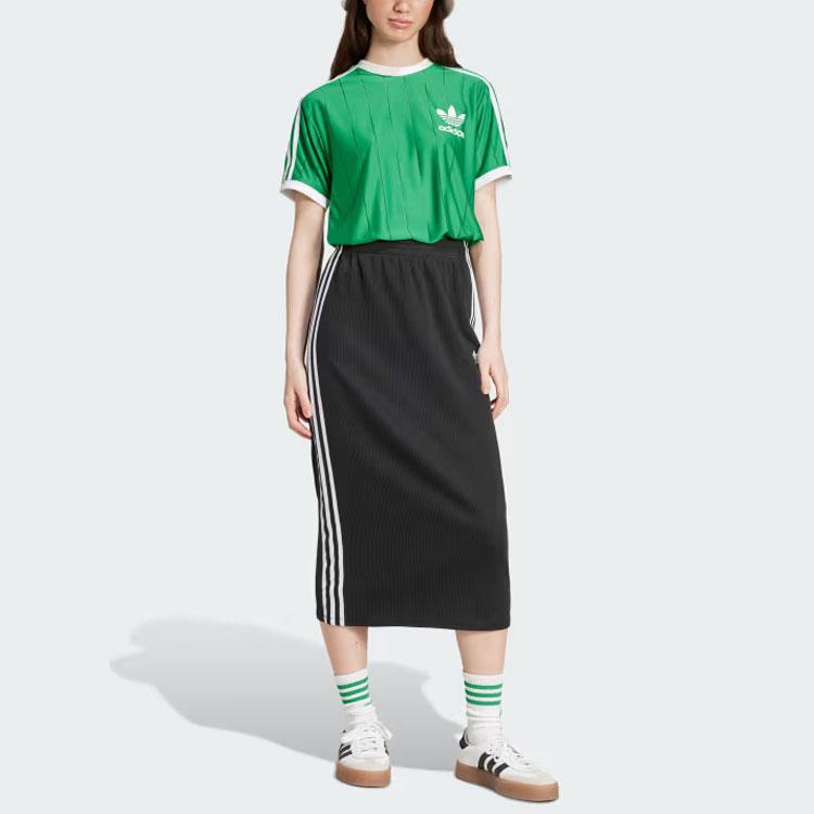 Adidas Originals Logo Bokstavtrykk Fargeblokk Stripet Rund Hals Kort Ermet T-skjorte Dame T-skjorte Grønn IY7227