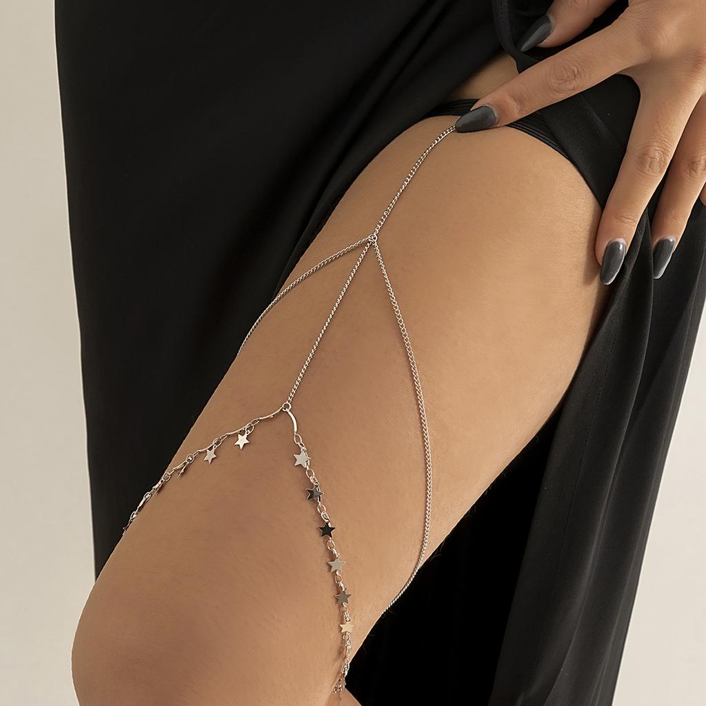 IngeSight.Z Sexy Multilayer Tassel Pearl Clip Bead Leg Chain for Women Simple Adjustable Elastic Thigh Chain Beach Body Jewelry