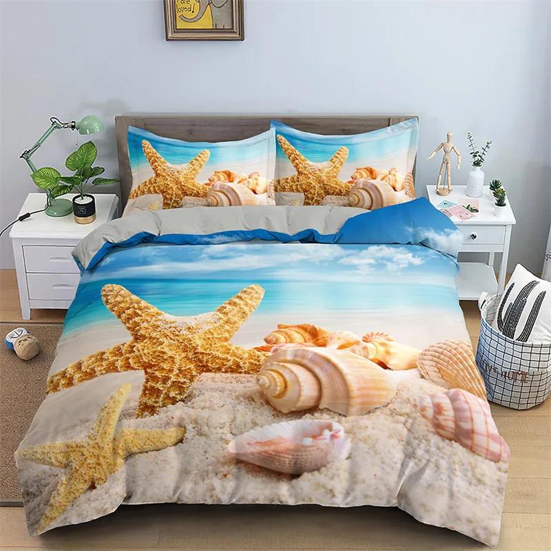Starfish Duvet Cover Set Summer Beach Seashell Starfish Twin Bedding Set Polyester Hawaiian Tropical Nature Sea King Quilt Cover