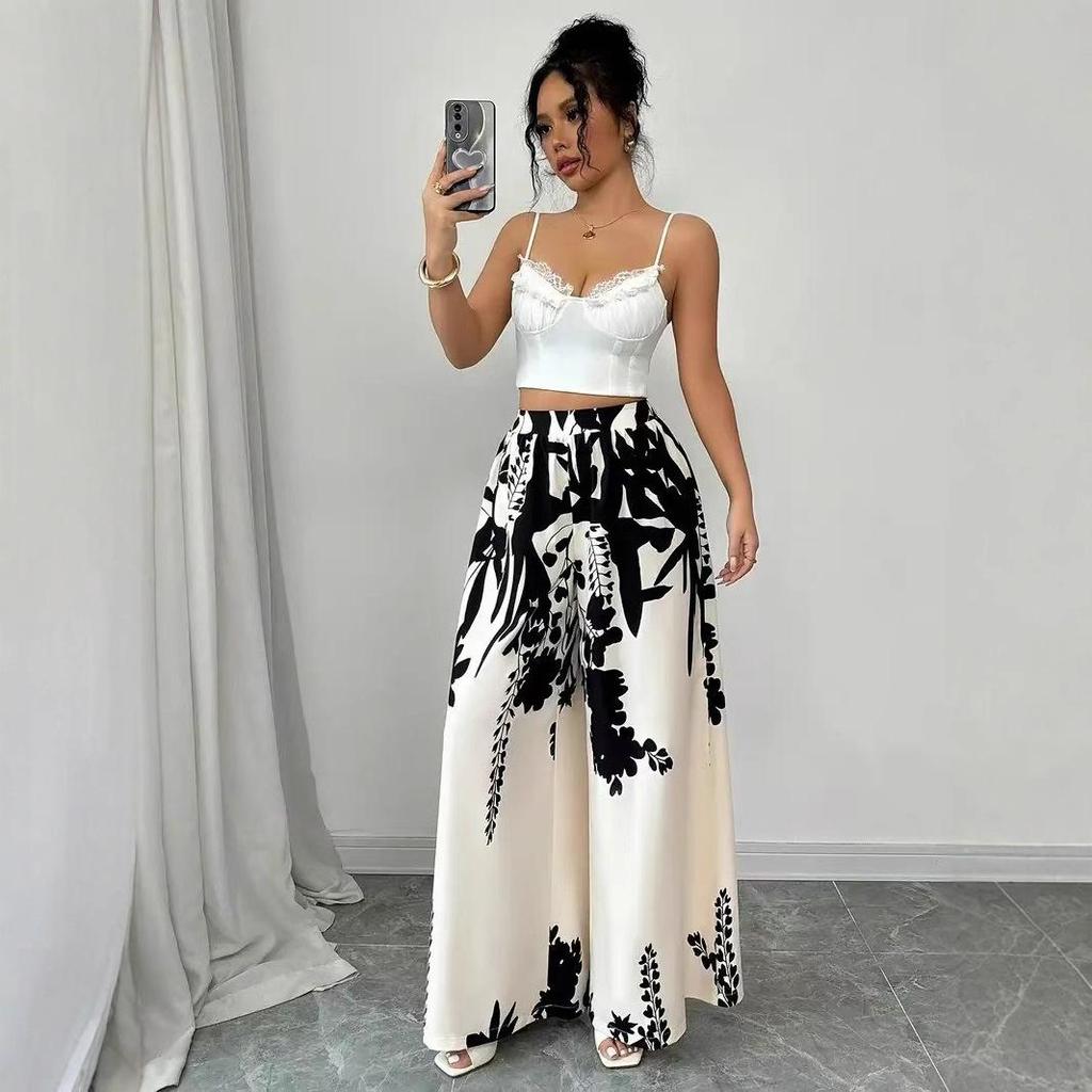 Fashionable Printed Tie Waist-cinching and Slimming Casual Long Pants for Women