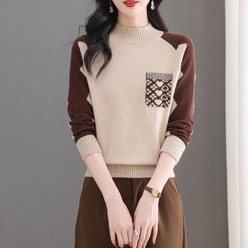 

Вязаный свитер женский осенне-зимний полувысокий ворот свободный стильный свитер для мам среднего возраста S бежевый