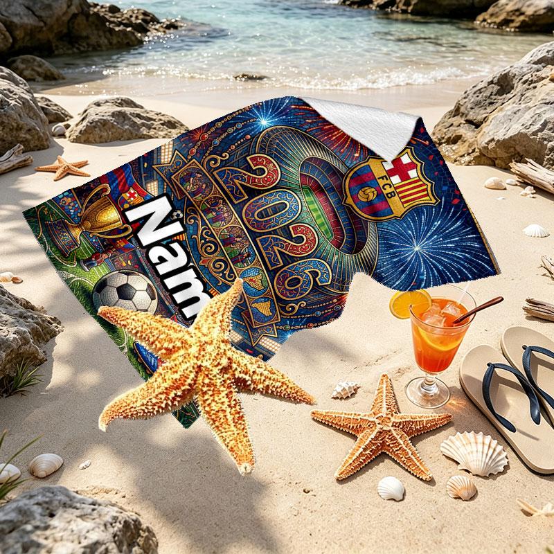 Personalisierter Strandtuch mit individuellem Namen, FC Barcelona Druck, für Reise, Camping, Strandparty, Heimdekoration, Geburtstagsgeschenk für Familie & Freunde