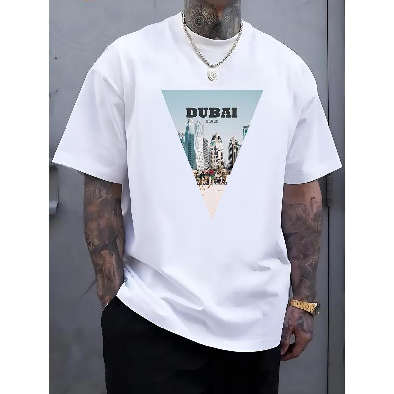 Men s Dubai UAE Architectural Print T-Shirt - Suitable for Summer, Casual Round Neck Tee with Dubai Lettering, Ideal for Travel & Casual Attire S белый