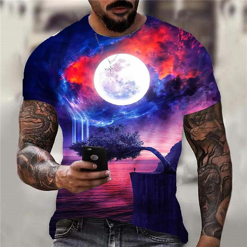 Men's Graphic Galaxy Spooky Moon T Shirt Short Sleeve T shirt 3D Print Crew Neck Shirt Sports