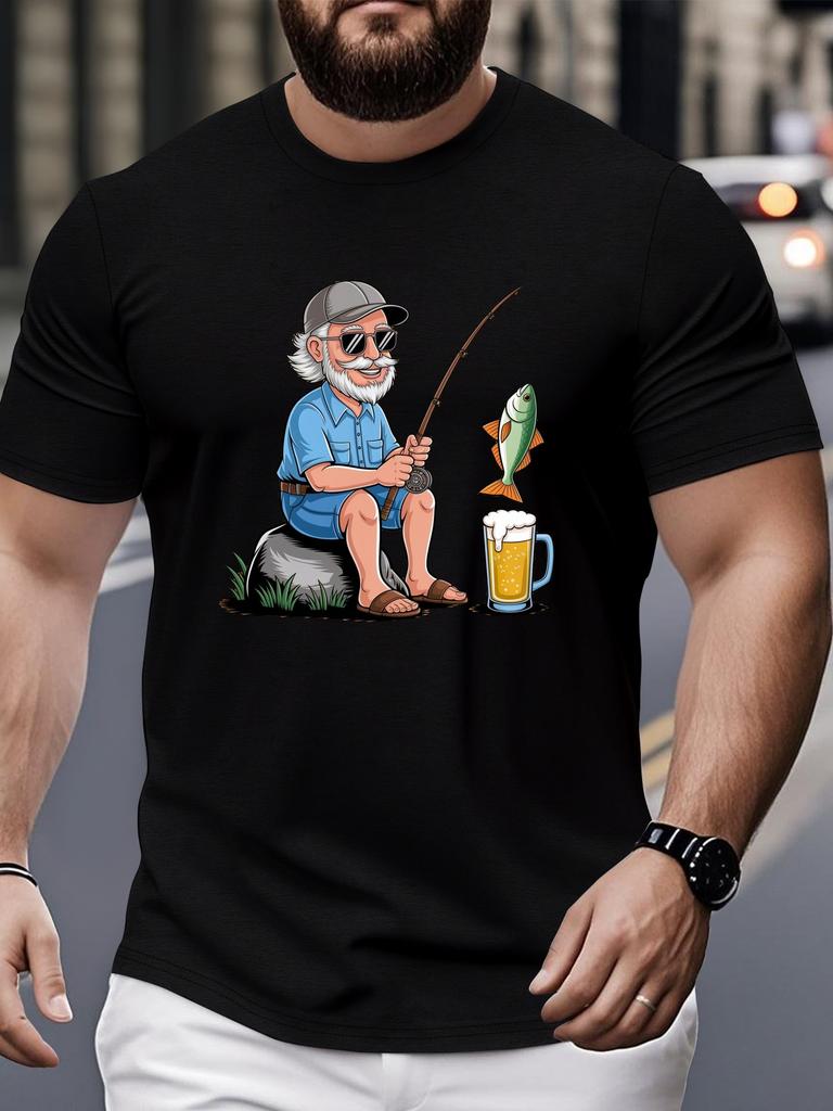 Men'S Plus Size Casual T-Shirt with Elderly for Man Fishing Graphic - Short Sleeve, Round Neck, Lightweight Summer Tee,