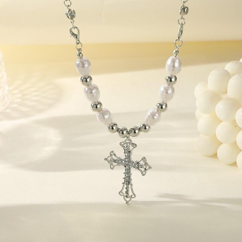 1pcs Faux White Gold-color Necklace Hip Hop Punk Cross Pendant Handmade Wear Faux Pearls Colla