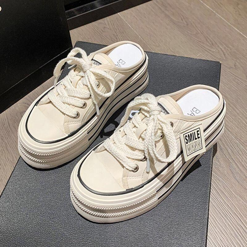 2025 summer new thick-soled heightening slippers trend versatile lazy one pedal half drag fashion casual canvas shoes women