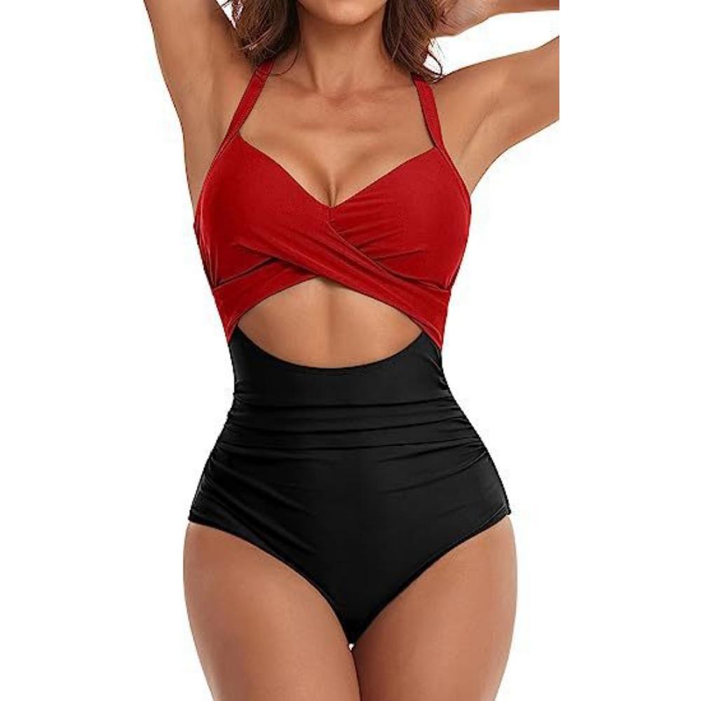 European and American One-piece Hard Bag Swimwear Hollow Solid Color High Waist Tight Swimsuit