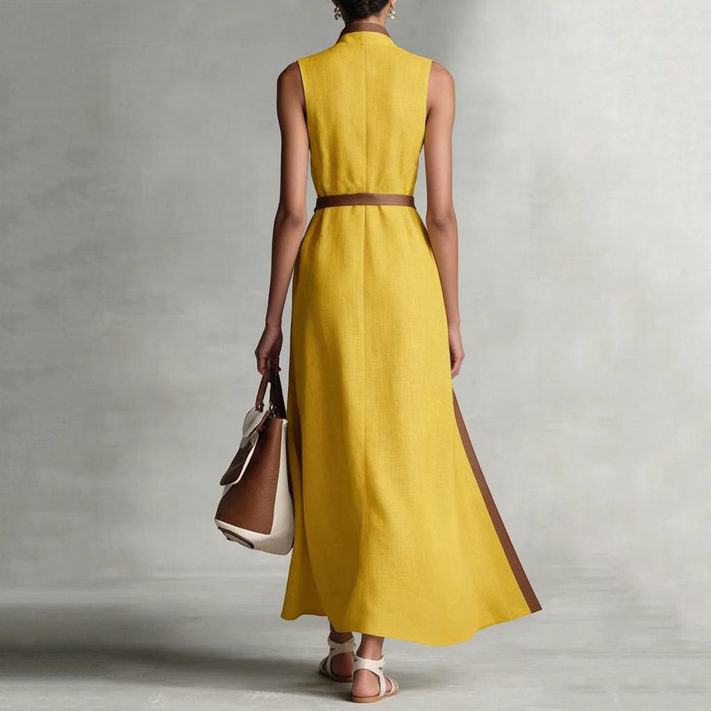 Women's Fashionable Vintage Stand Collar Sleeveless Casual Color-Blocked Loose Dress