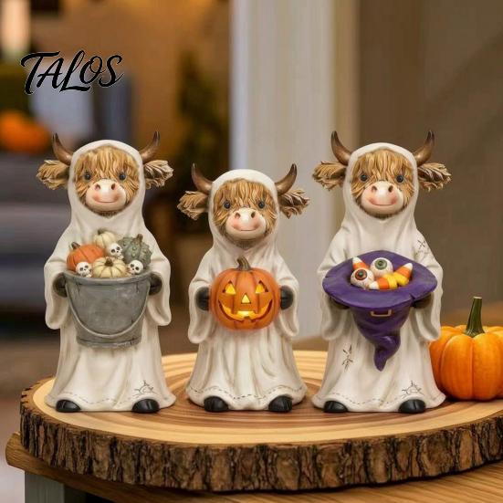 Gruselige Desktop-Figur 3 Stück Halloween-Geist Hochlandrind-Figuren, Harz-Yak-Statuen mit Kürbis, Bauernhaus Innen Außen Tischdekoration
