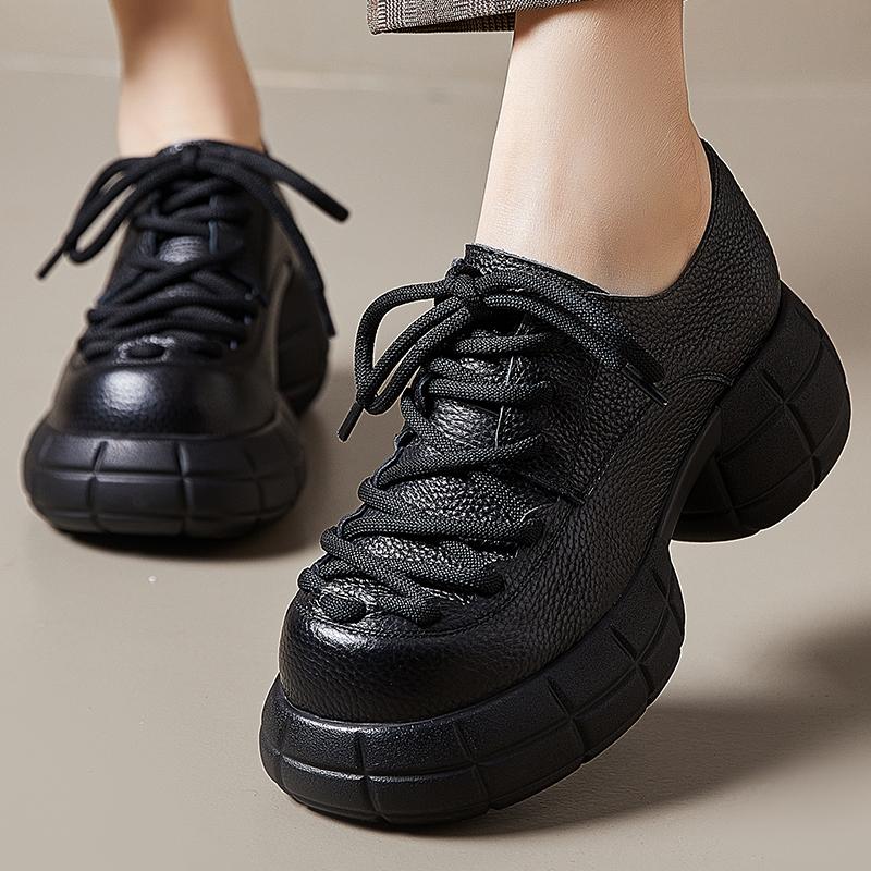 Fashion GKTINOO Genuine Leather 2025 Spring New Round Toe Thick Sole Lace Up Loafers Casual Versatile Women's Flat Platform Shoes