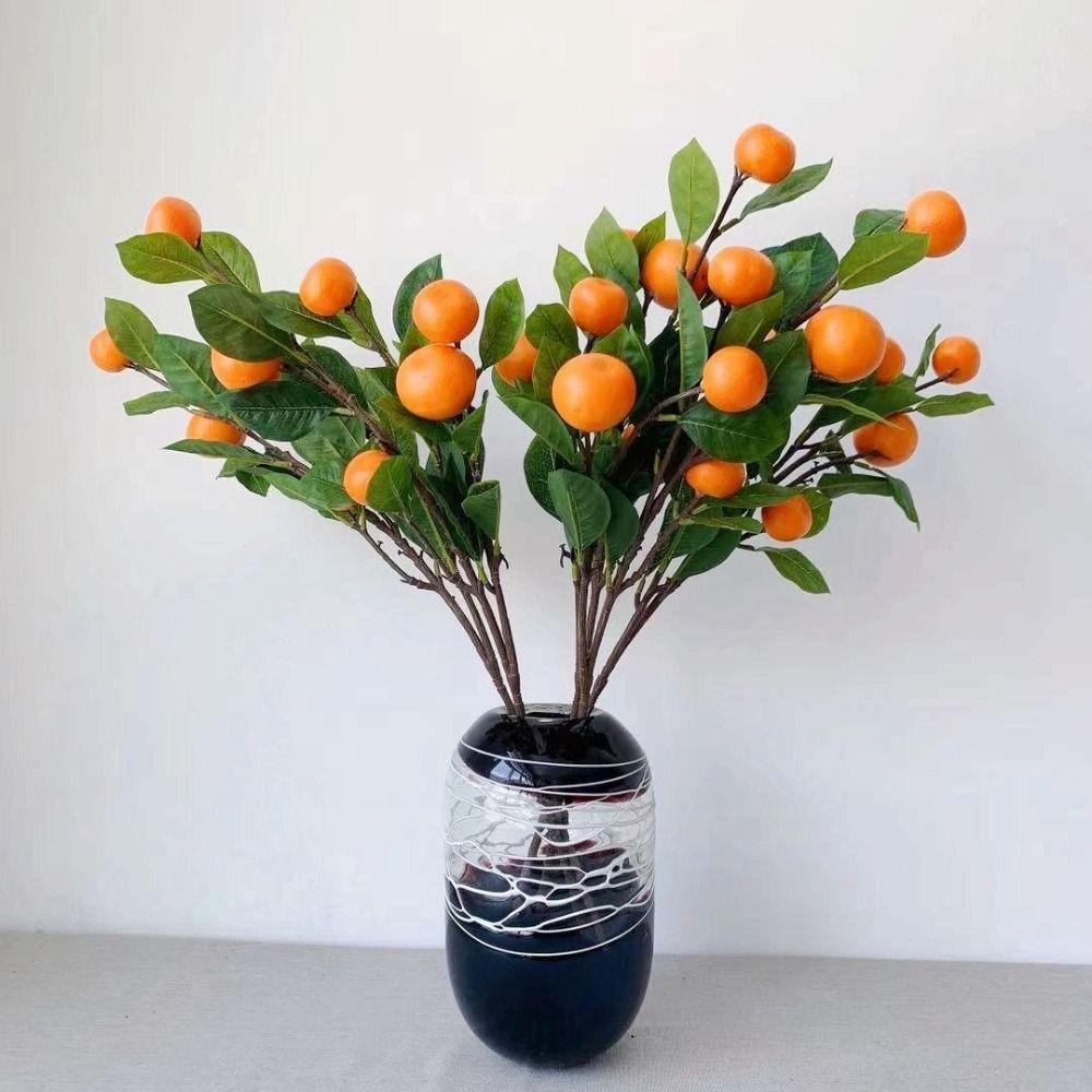 Plastic Realistic Imitation Fruit Stem Green Leaves Simulation Orange  Wall Hanging Decor