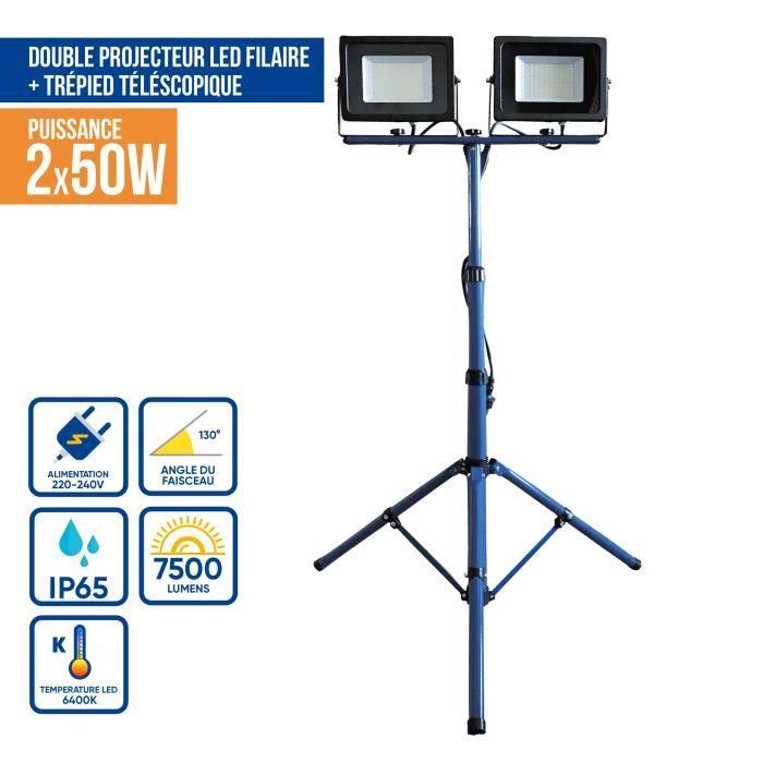 Projecteur De Chantier Led 2x50w 2 Têtes Sur Pied Professionnel Ip65 - KELI