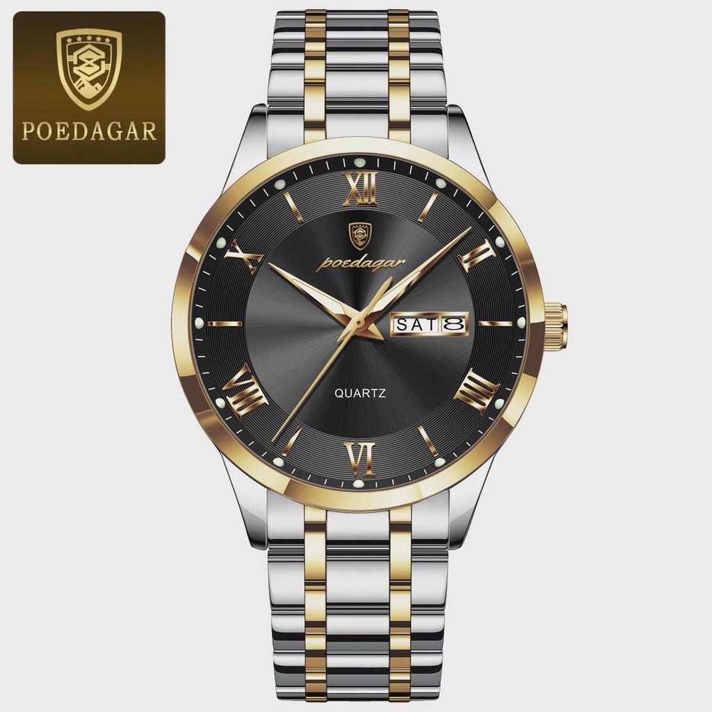 POEDAGAR Luxury Man Clock Waterproof Luminous Week Date Fashion Men's Wristwatch Stainless Steel Business Quartz Watches For Men