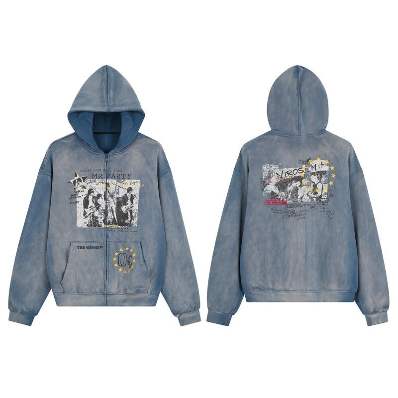 Unisex Übergroßes Used-Look Gewaschenes Kapuzen-Reißverschluss-Sweatshirt Streetwear Baumwoll-Pullover Herbst