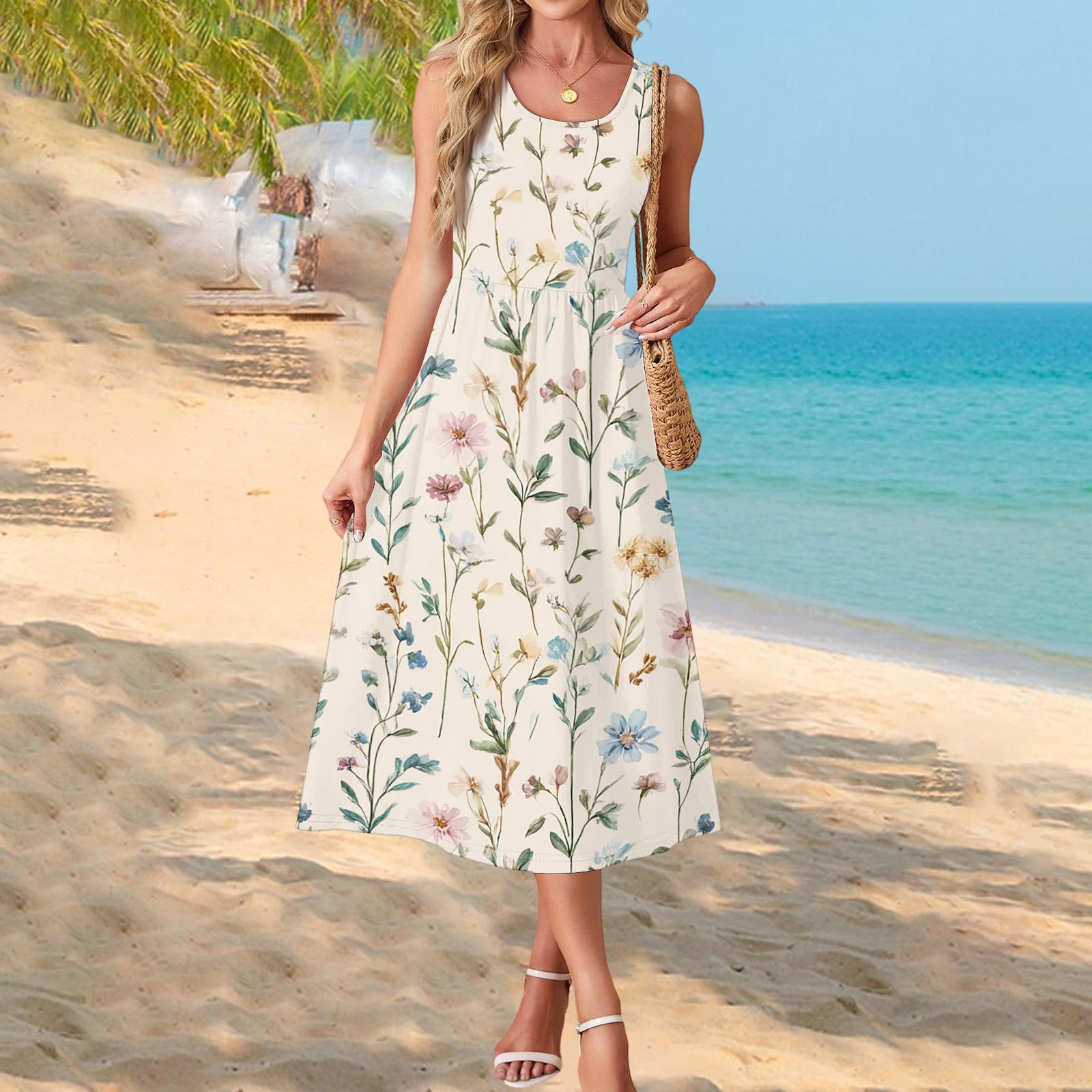 

Fashionable women s summer dress with floral print, flowy casual , perfect for beach vacations, sundress with pockets. L синий
