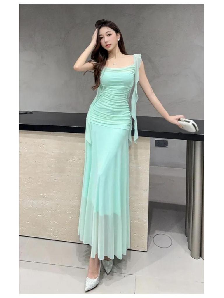 Elegant French Fairy Mesh Camisole Maxi Dress - Travel, Resort, Pleated, Cinched Waist, Hip-Hugging Mermaid Style for Women.
