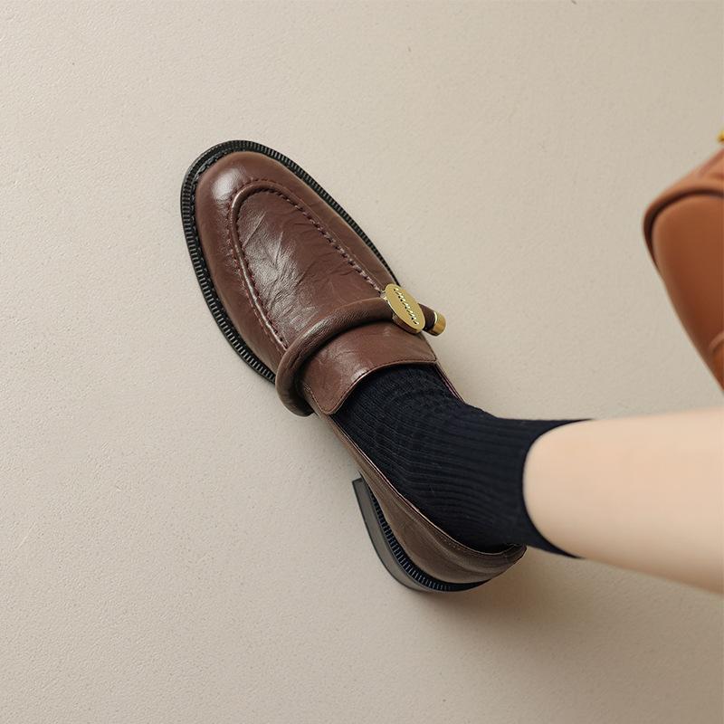 Retro gullspenne tykk hæl loafer damesko britisk stil små skinnsko