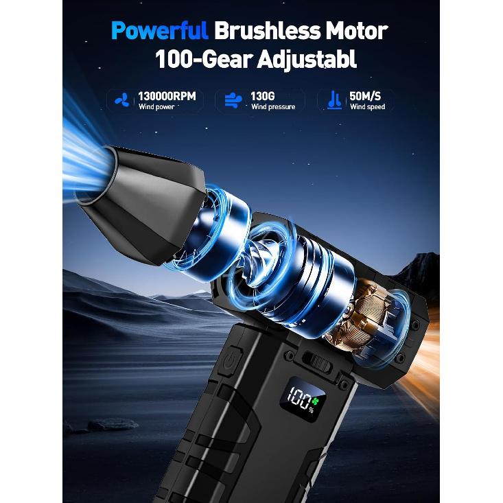 Compressed Air Duster 130000RPM Electric Duster with LED Light, 100 Gear Adjustable Rechargeable Cordless Air Blower Cleaning Tool for